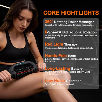 Electric Rolling Massager with Redlight, Handheld Percussive Roller Massger | Hands-Free Base Muscle Recovery and Back Massage Roller, Rechargeable 6-Speed Foot Massage Roller for belly Legs Calf Foot - color: Black