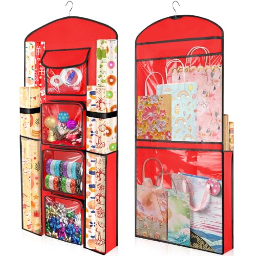 Hanging Gift Wrapping Paper Organizer Storage, Over Door Wrap Storage Bag - color: Red