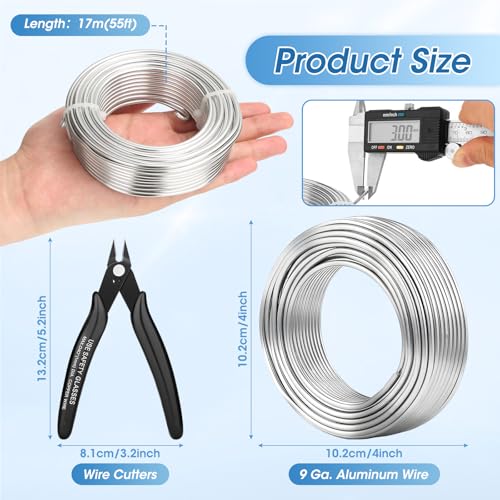 Modacraft 9 Gauge 3mm Silver Aluminum Craft Wire, 55FT with Flush Cutter | 3mm Flexible silver aluminum wire ideal for armature sculpting, jewelry, bonsai, doll making and DIY handmade crafts - color: Silver, size: 9 Gauge