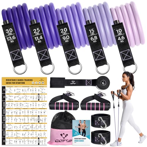 Resistance Bands with Handles for Women, 5 Level Exercise Bands | Workout Bands for Physical Therapy, Yoga, Pilates, Door Anchor, Storage Pouch, Training Poster - color: Purple