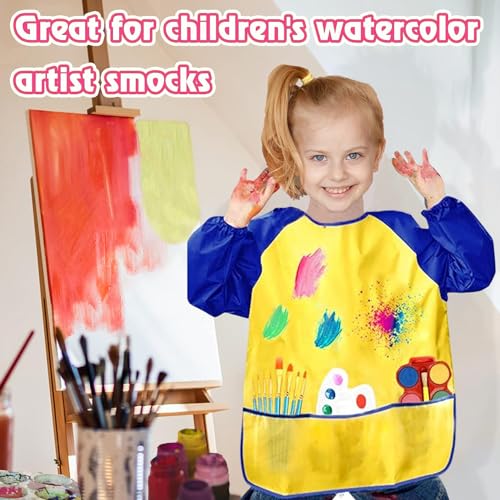 2 Pack Kids Art Smock Waterproof with Long Sleeve and 3 Roomy Pockets Artist Children Aprons for Toddlers Age 3-8 Painting Crafts（Yellow+Blue） - color: 2 Pack Yellow+blue