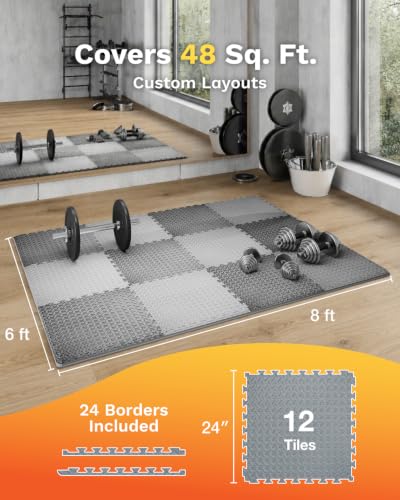 AIRHOP Upgraded 0.79" Extra Thick 48 Sq Ft High-Density Eva Foam Exercise Gym Mats, 12 Pcs Large Interlocking Puzzle Floor Tiles (24"x24") for Home Gym - color: Black/Gray