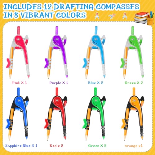 Zonon Student Math Geometry Compass Bulk 6 Inch Plastic Drawing Compass with Pencils Bright Color Precision Tool Back to School Supplies(12 Pcs)