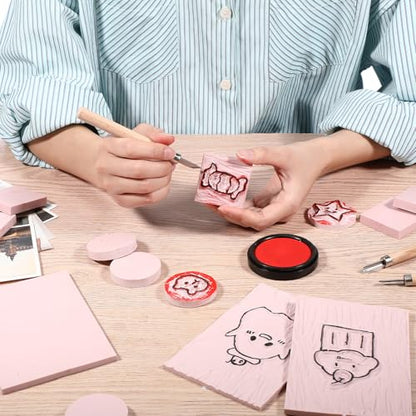 Innconee 18 Pcs Rubber Stamp Carving Blocks Linoleum Blocks 4"x6" and 2"x2" Round Square Rectangle Block Carving Kit for Stamp Crafts DIY Project(Pink) - color: Pink