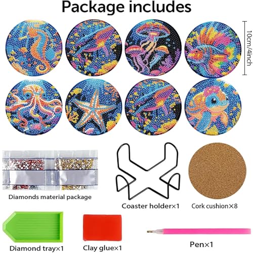 Mrnsiet 8PCS Diamond Art Coasters with Holder, DIY Ocean Animals Diamond Painting Coasters Kits for Adults, Non Slip Marine Animals Mosaic Dot Painting Coaster Gift Set for Beginners 4x4 Inch - color: BDWY330-US