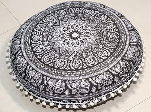 ICC Floor Pillows & Cushion Covers, Decorative Hippie Mandala Pouf Pillow Cover Bohemian Seating Meditation Cushion Cover, Large Boho Ottoman Case Pillowcase for Couch Black Elephant, 32" Round - size: 32" x 32" (Pack of 1), style: Black Elephant