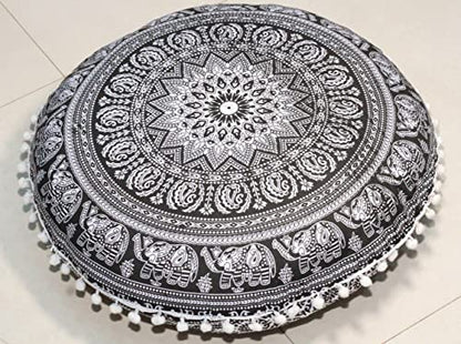 ICC Floor Pillows & Cushion Covers, Decorative Hippie Mandala Pouf Pillow Cover Bohemian Seating Meditation Cushion Cover, Large Boho Ottoman Case Pillowcase for Couch Black Elephant, 32" Round - size: 32" x 32" (Pack of 1), style: Black Elephant
