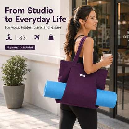 Yoga Mat Bag for Women, Pure Cotton Canvas Yoga Tote with Wet/Dry Pocket, Bottle Holder & Inner Zipper Pocket, Yoga Mat Carrier Bag for Pilates, Gym, Travel, Beach - color: Purple