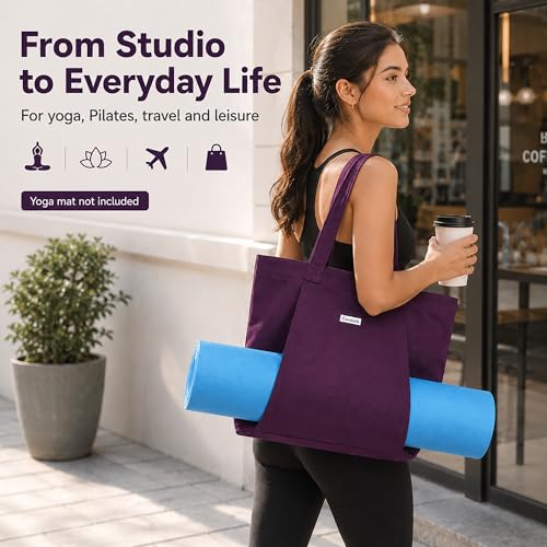 Yoga Mat Bag for Women, Pure Cotton Canvas Yoga Tote with Wet/Dry Pocket, Bottle Holder & Inner Zipper Pocket, Yoga Mat Carrier Bag for Pilates, Gym, Travel, Beach - color: Purple