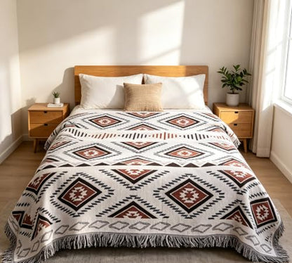 Luxlovery Beige Bohemian Sofa Throw Blankets Ethnic Woven Boho Geometric White and Khaki Throw Blanket for Couch Aztec Bed Throws Oversized Chair Sofa Cover with Tassels(51"x70") - color: Mocha, size: 51"x70",130x180cm