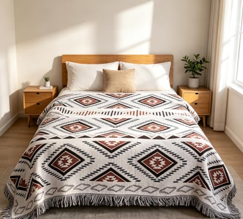 Luxlovery Beige Bohemian Sofa Throw Blankets Ethnic Woven Boho Geometric White and Khaki Throw Blanket for Couch Aztec Bed Throws Oversized Chair Sofa Cover with Tassels(70"x90") - color: Mocha, size: 70"x90",180x230cm