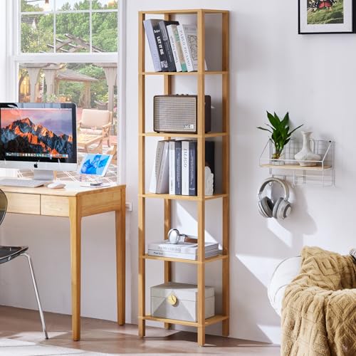 YUFAM 6 Tier Tall Skinny Bookshelf, Narrow Bookcase, Wooden Shelf, Natural - color: Natural, size: 6-Tier