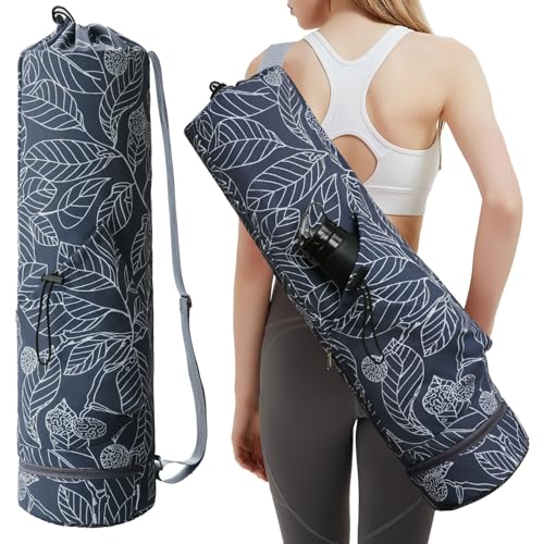 sportsnew Yoga Mat Bag with Water Bottle Pocket & Wet Pocket for Women - color: Blue Leaf, size: Medium