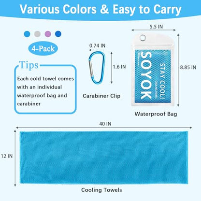 SOYOK 4 Packs Cooling Towels, 40" x 12" Cooling Towels for Neck and Face | High-density microfiber,Soft Breathable,Portable,Reusable, Waterproof Bag,Carabiner,for Running, Yoga, Travel, Climb - color: Light Blue/Light Grey/Purple/Royal Blue