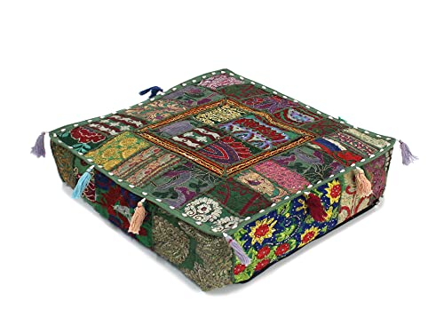 Mam Treasures Indian Bohemian Decorative Pillow Vintage Cushion Cover Patchwork Square Floor Pillow Cover Meditation Cushion Large Floor Pillow Indian Cushion (Dark Green, 16 X 16 X 5 Inch) - color: Dark Green, size: 16" x 16" (Pack of 1)