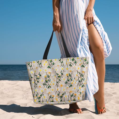 Large Beach Bag for Women Waterproof Foldable Travel Shoulder Tote Bag with Pocket for Weekender Pool Vacation - color: Daisy Beige