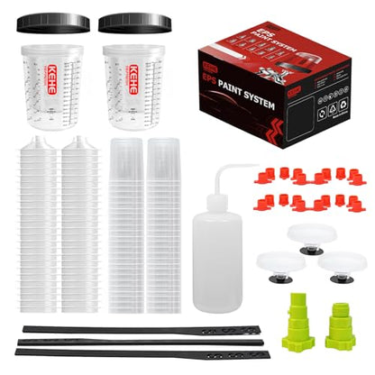 Disposable Paint Cups for Spray Gun,Mixing Cups 26 Ounce (800ml) Kit with 50 Cups and Lids with Strainer System for HVLP&LVLP,2 Hard Cups with Retainer Ring,20 Plugs,3 Caps,2 Adapters,1 Wash Bottle - size: 26 oz (Large)-50Pack