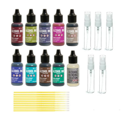 Tim Holtz Ranger Alcohol Inks Bundle - Raspberry, Eggplant, Pebble, Teakwood, Mermaid, Indigo, Cranberry, Lettuce, Clover and Blending Solution - with 5 Glass Misters and Trebbies Detail Sticks
