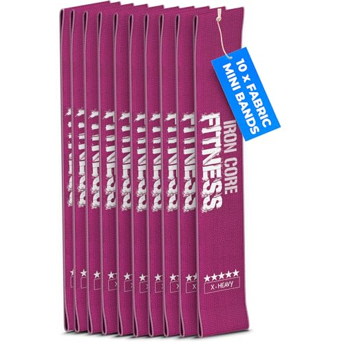 Fabric Mini Resistance Bands Sets for Trainers, Bootcamp, Gym for Men and Women in Fun Colors - Ebook, Videos and Workout Chart Included by Iron Core Fitness - color: #8 Raspberry, 10 x X-Heavy