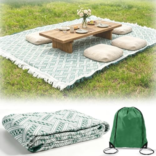 91'' x 71''Extra Large Outdoor Boho Picnic Blanket,Woven Cotton Yarn Blanket with Fringe for Boho Decor Camping Lawn Wedding Photoshoot Beach Park Grass (Green) - color: Green