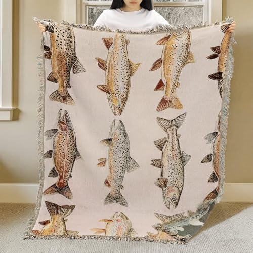 Moukeren 60 x 50 Inch Woven Tapestry Throw Blanket with Colorful Tassel, Rainbow Trout, Great Lakes Trout Fishing Gift, Fly Fishing Gift for Fisherman Dad or Husband - style: Rainbow Trout