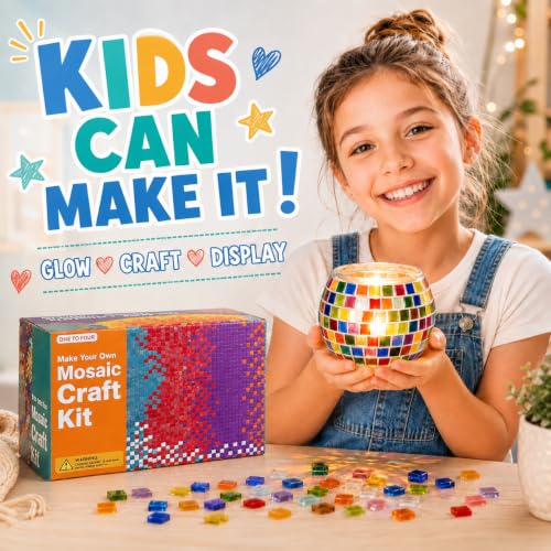 Glass Mosaic Candle Holder Kit, DIY Art and Crafts for Adults & Kids Gifts | Mosaic kits for kids, teens, adult, Tealight holder craft with mosaic tiles for home decor, Birthday gifts for kids ages 6-12 - color: Dark Multicolor