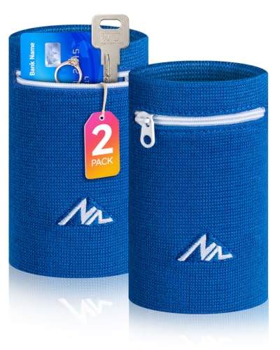 NEWZILL Wrist Wallet Wristband with Zipper - Cotton Sweatbands for Men & Women, Ideal for Running, Walking, Basketball, Football, Tennis, Hiking - color: Blue, style: Large-2PCS