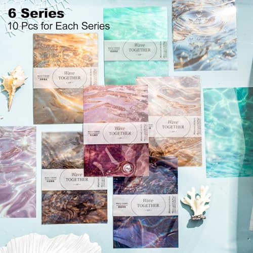 60 Pcs Water Ripple Stickers for Scrapbooking and Journaling | Water reflection designs in 6 color themes on transparent PET for collages, planners and mixed media - color: Wave Together