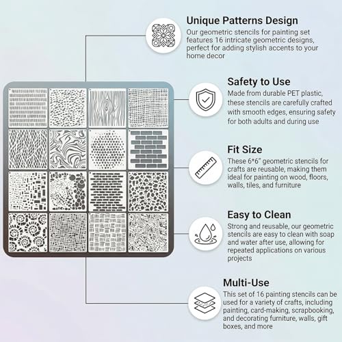 16PCS Reusable Geometric Stencils for Crafts Painting,6x6 Inch Mixed Texture Art Stencils for Wood Wall Furniture Fabric Floor,DIY Spray Paint Templates for Card Making Cake Decor Scrapbooking - style: 16PCS 6x6"