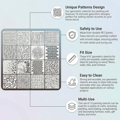 16PCS Reusable Geometric Stencils for Crafts Painting,6x6 Inch Mixed Texture Art Stencils for Wood Wall Furniture Fabric Floor,DIY Spray Paint Templates for Card Making Cake Decor Scrapbooking - style: 16PCS 6x6"