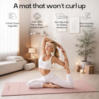 Foldable Yoga Mat, 70''x24''x0.24''(6mm）Non-slip POE Exercise Mat - color: Pink
