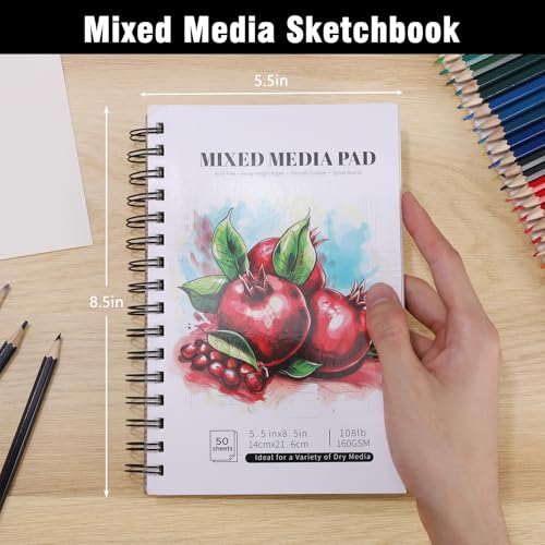 4 Pack Mixed Media Sketchbook, 5.5x8.5 inches Drawing Paper Sketch Book, 98lb/160gsm Heavyweight Spiral Bound Sketch Pads, Suitable for Wet and Dry Media, Drawing, Painting, Sketching(200 Sheets) | 160gsm Acid-free Paper, 200 Sheets Small Sketch Books, Dr