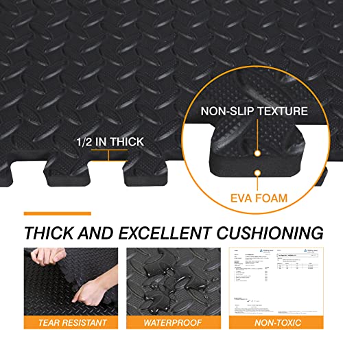 Torin ABPM001BK Interlocking Foam Mat Protective Exercise Workout Puzzle Floor Mat Tiles for Home Gym Equipment - 6 Pieces, 24 Square feet, Black