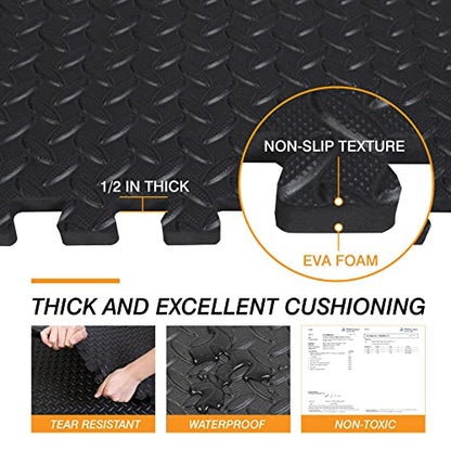 Torin ABPM001BK Interlocking Foam Mat Protective Exercise Workout Puzzle Floor Mat Tiles for Home Gym Equipment - 6 Pieces, 24 Square feet, Black