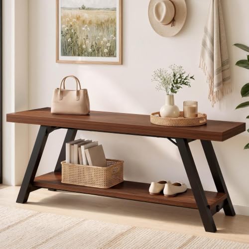 LVB Industrial Entryway Bench with Storage, Wood and Metal Bedroom Bench - color: Walnut