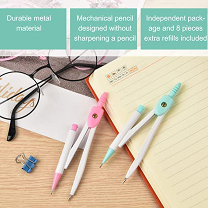 3 Packs Colorful Basic Metal Math Compass for Geometry Set,Extra Leads, Mechanical Pencil Desiged,Drawing Tools Compass for Students School Supplies and Office Supplies (Pink,Blue and Green) - color: Pink,blue and Green