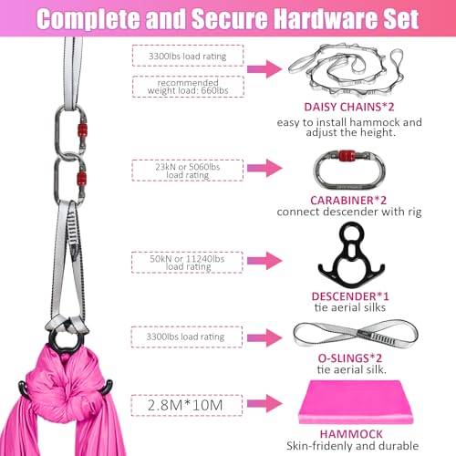 Aerial Silks Kit & Aerial Yoga Hammock - 11Yd Premium Fabric with Hardware | Easy Setup for Flying Yoga, Aerial Swing & Fitness - Supports Up to 14ft Rigging(Navy) - color: Hot Pink