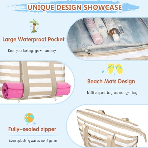 Extra Large Beach Bags for Women, Waterproof Sandproof Beach Tote Bag Foldable Swim Pool Bag with Zipper and Wet Pocket - color: Khaki White