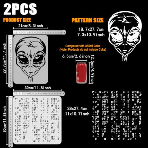 FINGERINSPIRE 2PCS Alien Stencil Set Reusable Alien Head & Alien Code Template for Painting on Wall, Wood, Canvas, Fabric Sci-Fi Theme DIY Art Stencils