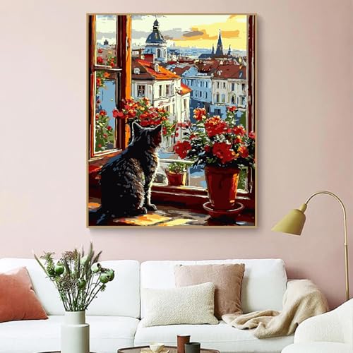 ZRIZQ Paint by Numbers Kit for Adults Beginner,Cityscape Cat,16x20 | Full set with wooden brushes,rolled canvas,rich paints.Calming activity.Beginner friendly.Just open and paint. - color: 16"X20"Rolled Canvas(Frameless)-Cityscape Cat
