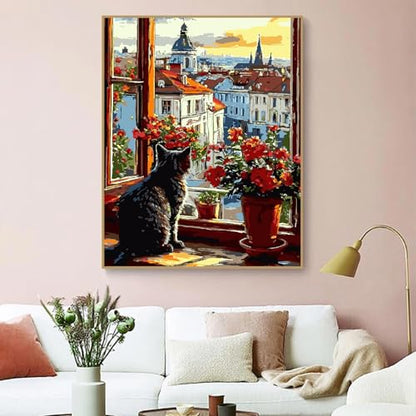ZRIZQ Paint by Numbers Kit for Adults Beginner,Cityscape Cat,16x20 | Full set with wooden brushes,rolled canvas,rich paints.Calming activity.Beginner friendly.Just open and paint. - color: 16"X20"Rolled Canvas(Frameless)-Cityscape Cat