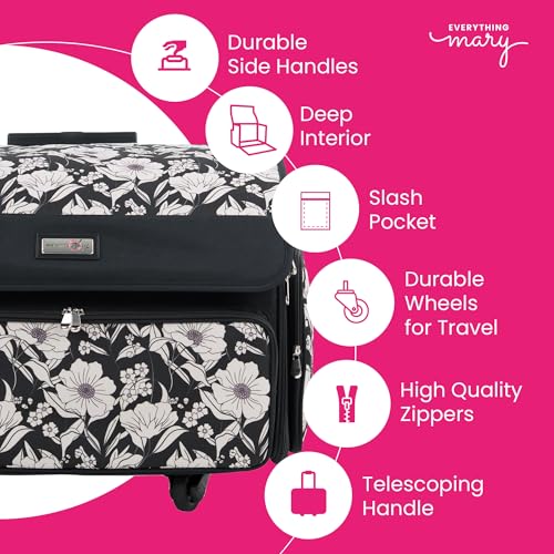 Everything Mary 4 Wheels Collapsible Deluxe Sewing Machine Storage Case - Rolling Trolley Carrying Bag for Brother, Singer - color: Artistic Floral