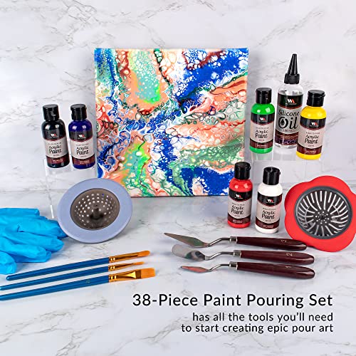 WA Portman Artist Acrylic Painting Kit 38pc Complete Fluid Art Painting Kit | 38pc Acrylic Pouring Paint Set, 6 Bottles of Ready Pour Pre-mixed Paint Kit for Adult & Kids Paint Pouring Kits, Artist Set
