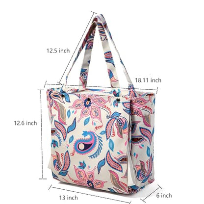 Floral Paisley Pattern Yoga Bag, Canvas Tote with Blue and Pink Design, Spacious Carrier for Yoga Mat and Accessories - color: White