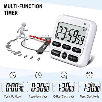 4-in-1 Digital Timer with Count Up/Down, Clock & Alarm, Ring & Silent Modes - color: White
