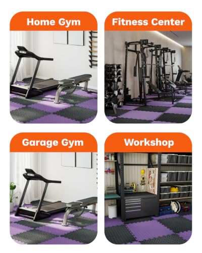 AIRHOP Upgraded 0.79" Extra Thick 48 Sq Ft High-Density Eva Foam Exercise Gym Mats, 12 Pcs Large Interlocking Puzzle Floor Tiles (24"x24") for Home Gym - color: Black/Purple