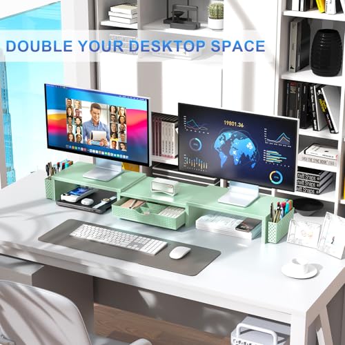 gianotter Dual Monitor Stand Riser With Drawer and 2 Pen Holders - color: Sage Green