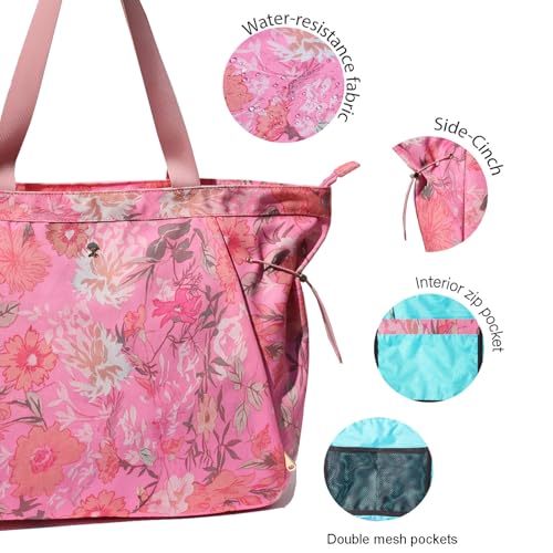 ESVAN Yoga Tote Bag for Women Drawstring Canvas Shoulder Bags for Workout Travel Carryall Pilates Gym and Beach - color: Pink
