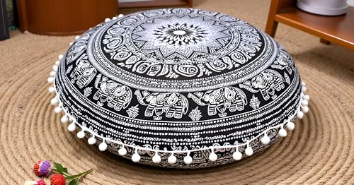 CRAFT KALA 32" Large Round Bohemian Floor Pillow Cover Boho Pouf Cover Mandala Meditation Room Pillows Cover Adults Seating Poufs Cushion Cover for Kids Reading Playroom Black Elephant Flower - color: Black and White Elephant