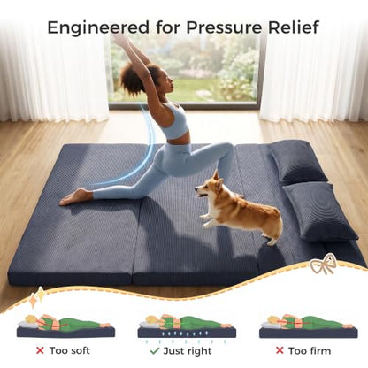 Tri-Fold Futon Mattress, Foldable Floor Mat (Navy Blue) - color: Navy Blue, size: Queen (80"L x 60"W x 3"Th)